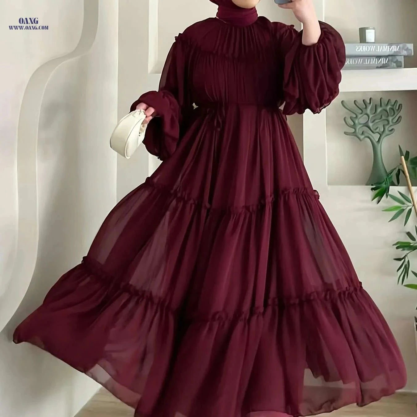 Elegant Burgundy Abaya Dress - Modest Full-Length Hijab Gown   OAXG Pink Color / S