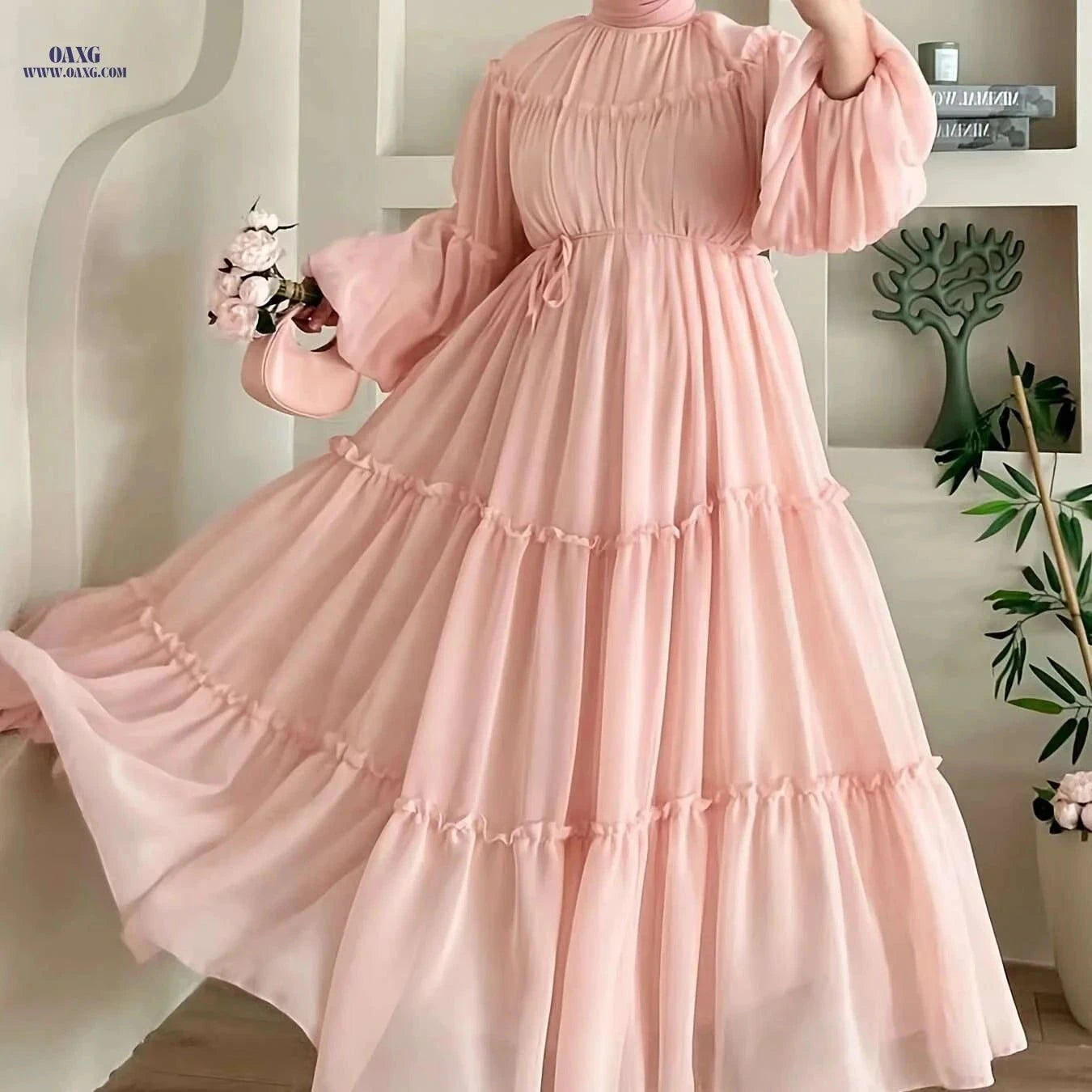Elegant Burgundy Abaya Dress - Modest Full-Length Hijab Gown   OAXG Pink Color / S