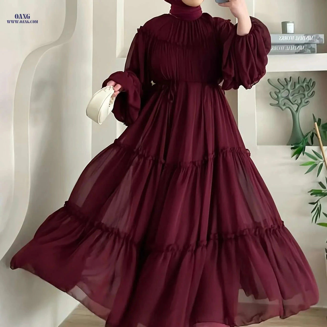 Elegant Burgundy Abaya Dress - Modest Full-Length Hijab Gown   OAXG Pink Color / S