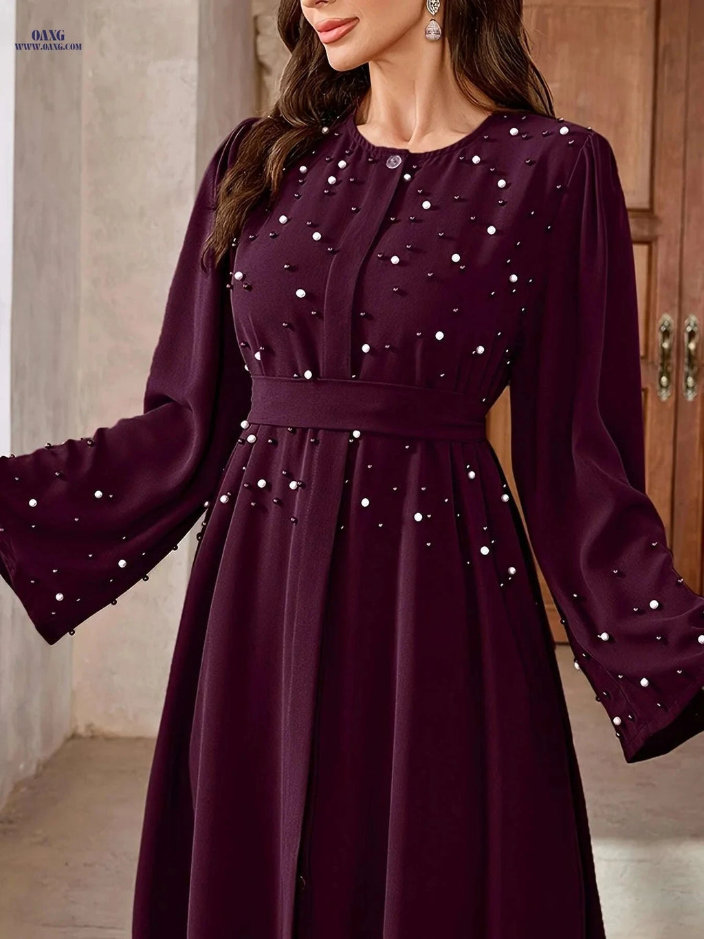 Elegant Burgundy Pearl Embellished Abaya - Long Sleeve Belted Style   OAXG Black / S