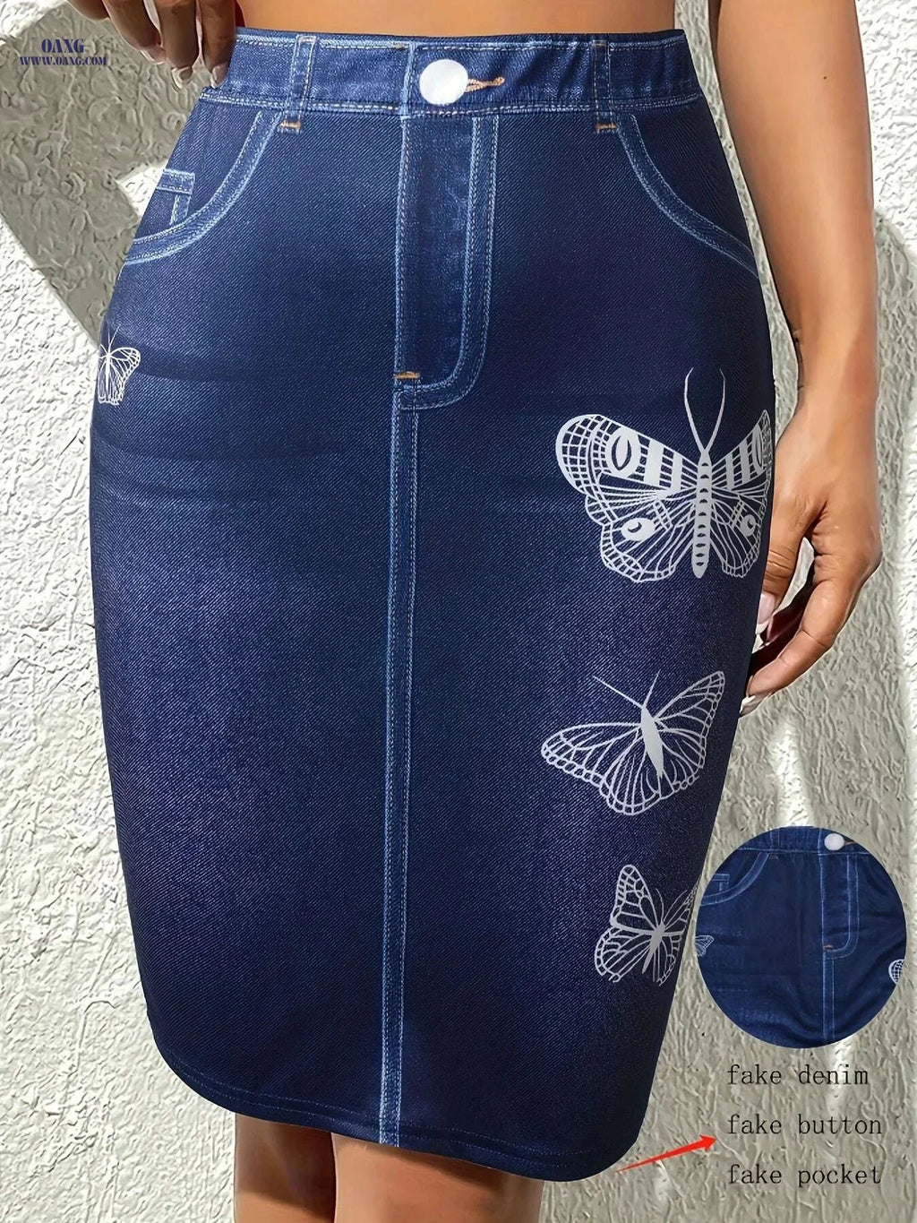 Elegant Butterfly Print High Waist Skirt - Casual Spring Style   OAXG Navy Blue / S