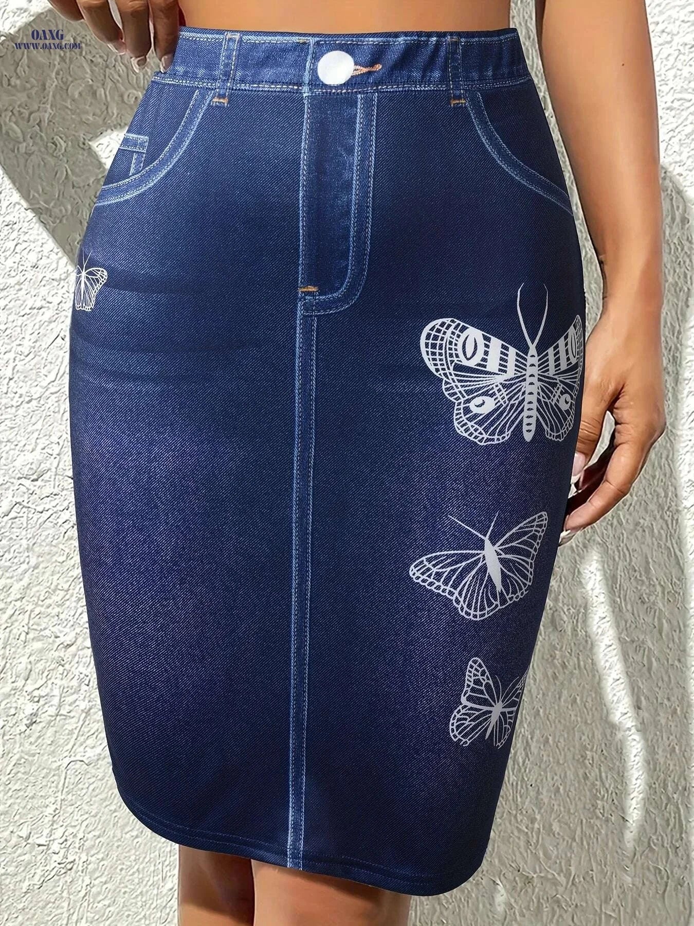 Elegant Butterfly Print High Waist Skirt - Casual Spring Style   OAXG Navy Blue / S
