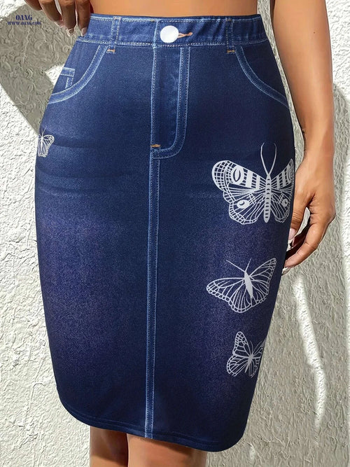 Elegant Butterfly Print High Waist Skirt - Casual Spring Style   OAXG Navy Blue / S