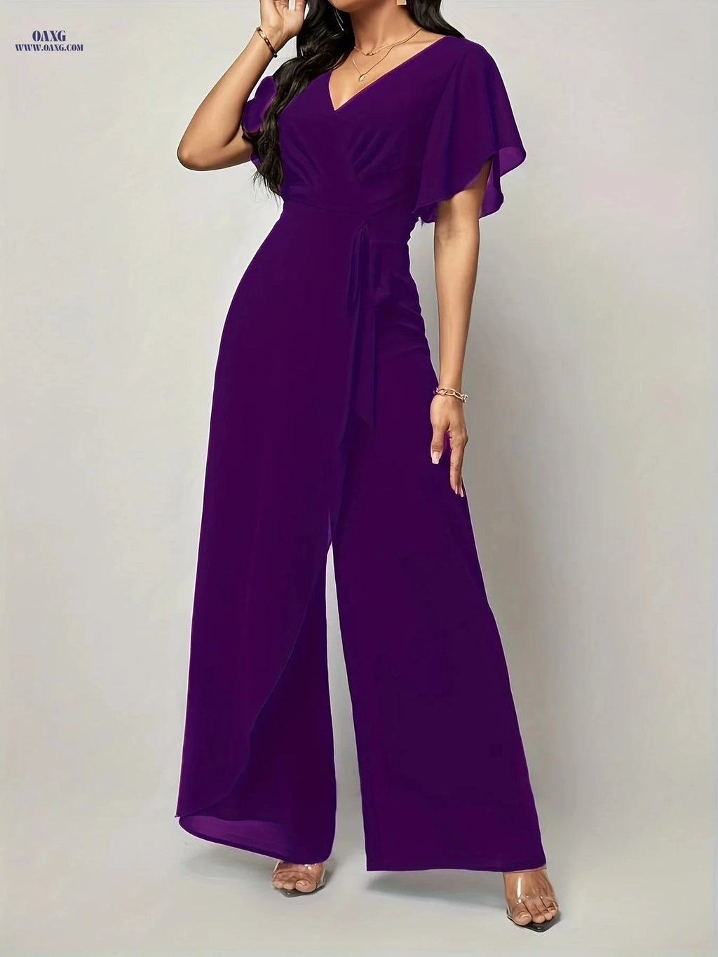 Elegant Butterfly Sleeve Tie-Front Jumpsuit - V-Neck, All-Season Style   OAXG 