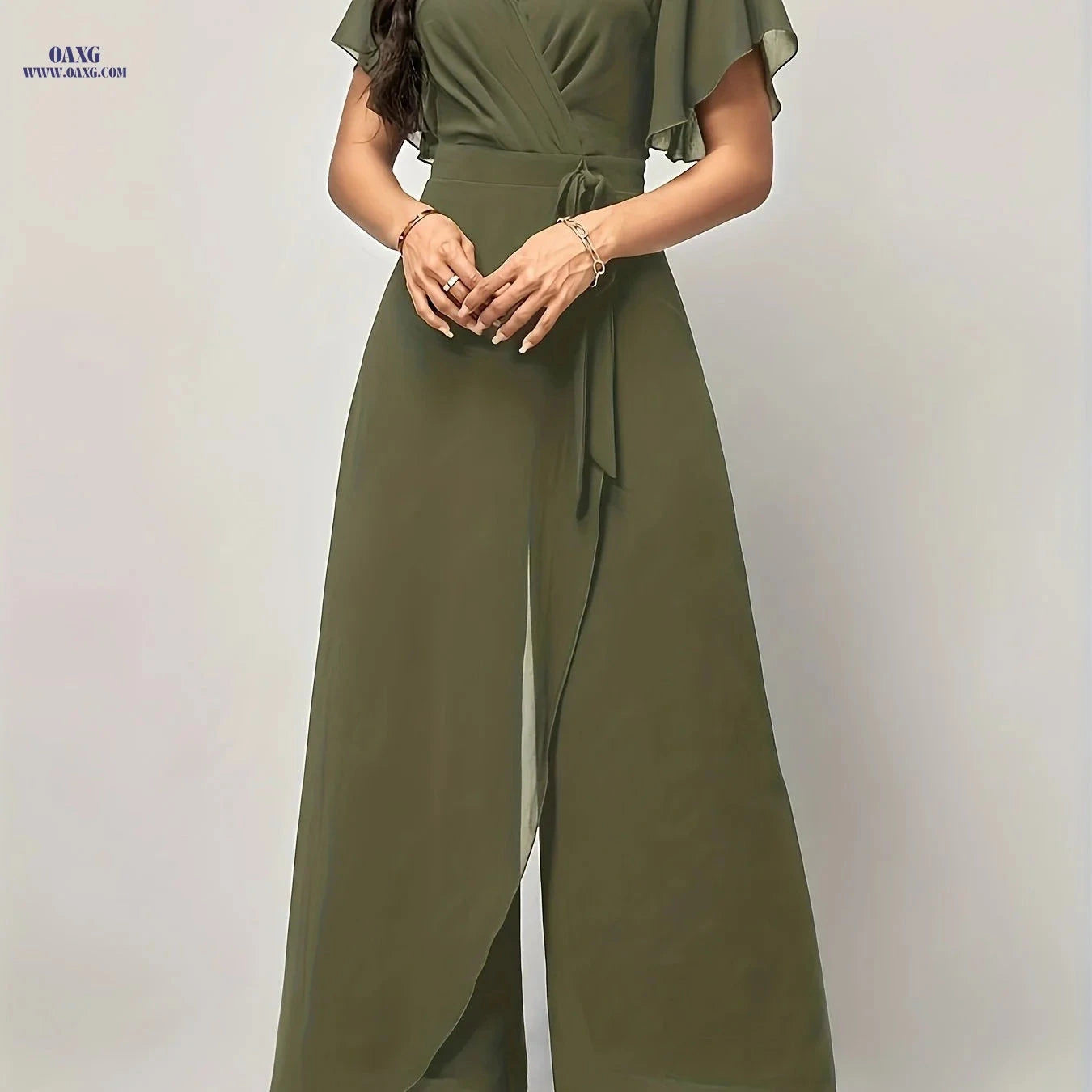 Elegant Butterfly Sleeve Tie-Front Jumpsuit - V-Neck, All-Season Style   OAXG 
