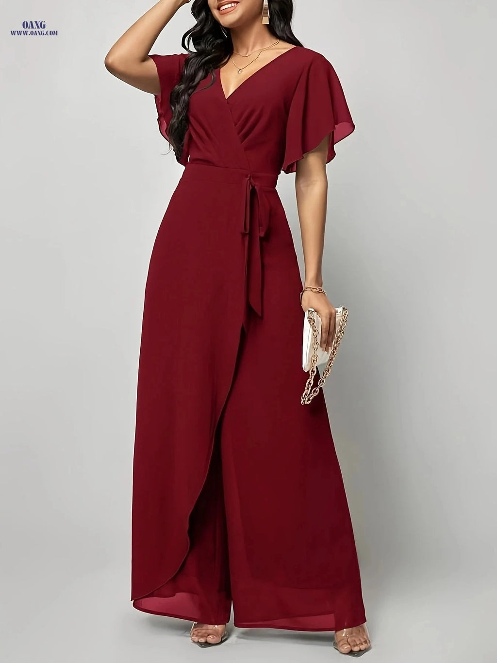Elegant Butterfly Sleeve Tie-Front Jumpsuit - V-Neck, All-Season Style   OAXG Purple / L
