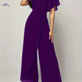 Elegant Butterfly Sleeve Tie-Front Jumpsuit - V-Neck, All-Season Style   OAXG Purple / L