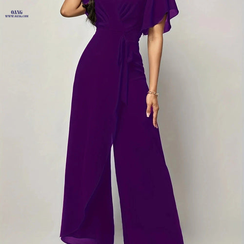 Elegant Butterfly Sleeve Tie-Front Jumpsuit - V-Neck, All-Season Style   OAXG Purple / L
