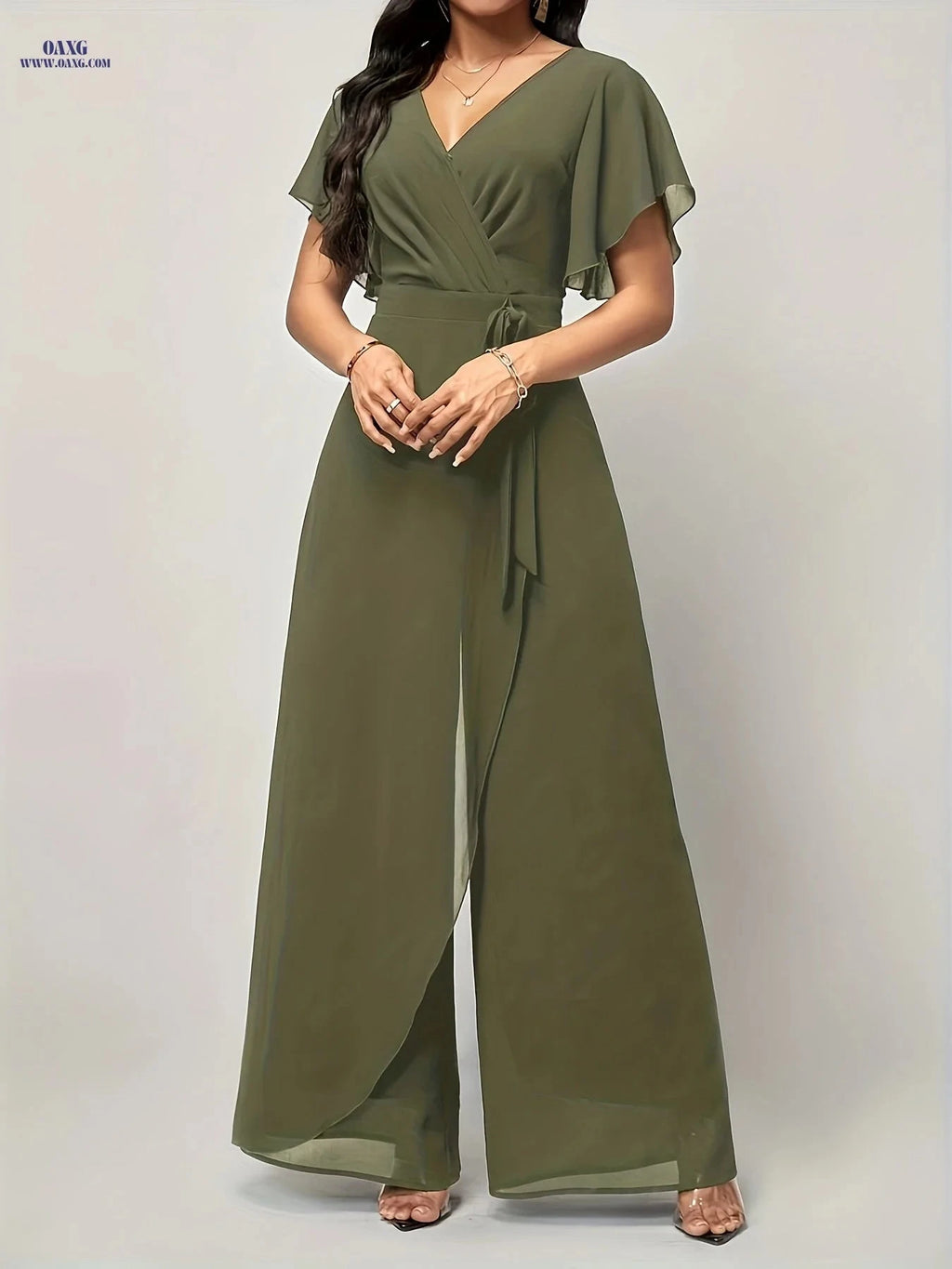 Elegant Butterfly Sleeve Tie-Front Jumpsuit - V-Neck, All-Season Style   OAXG Purple / L