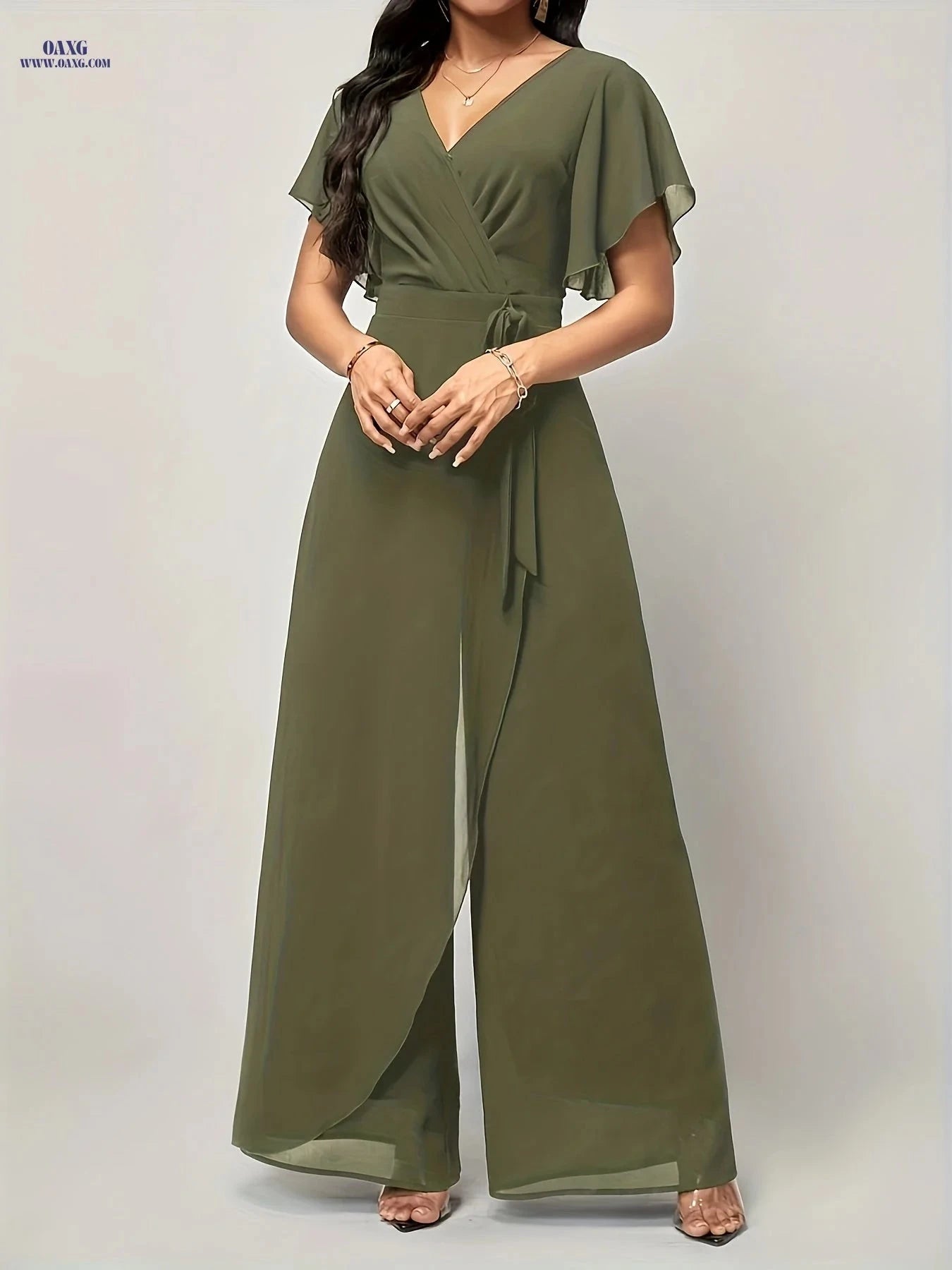 Elegant Butterfly Sleeve Tie-Front Jumpsuit - V-Neck, All-Season Style   OAXG Purple / L