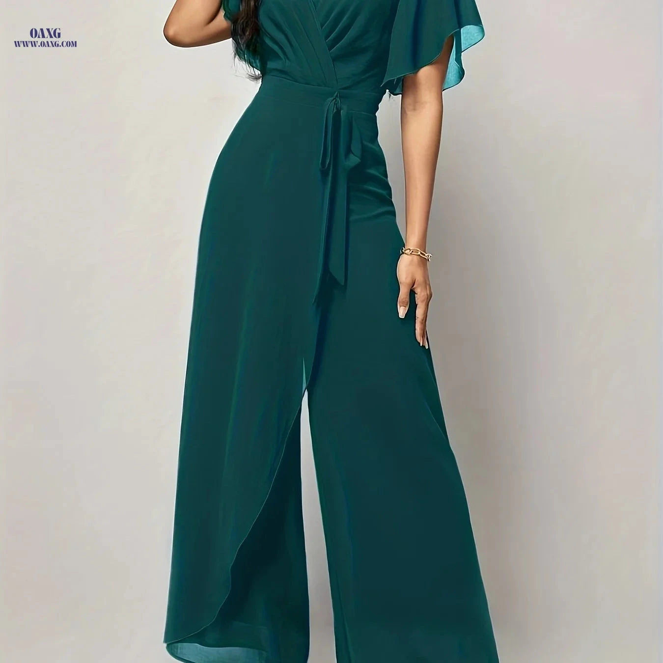 Elegant Butterfly Sleeve Tie-Front Jumpsuit - V-Neck, All-Season Style   OAXG Purple / L