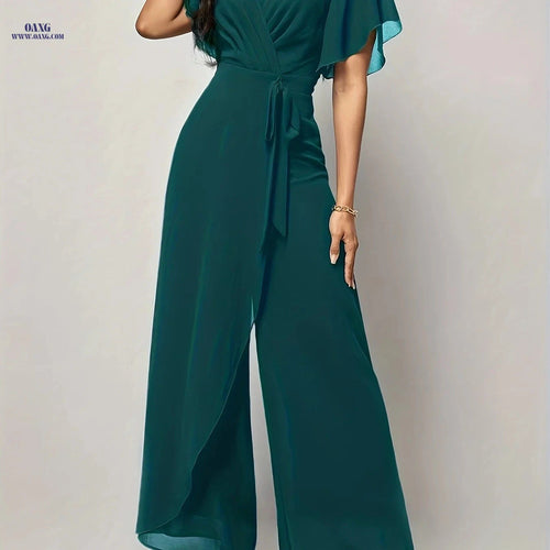 Elegant Butterfly Sleeve Tie-Front Jumpsuit - V-Neck, All-Season Style   OAXG Purple / L