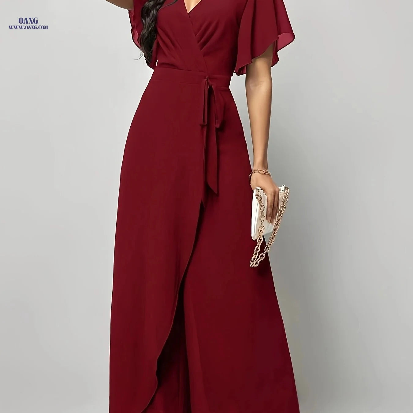 Elegant Butterfly Sleeve Tie-Front Jumpsuit - V-Neck, All-Season Style   OAXG 