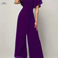Elegant Butterfly Sleeve Tie-Front Jumpsuit - V-Neck Loose Fit   OAXG 