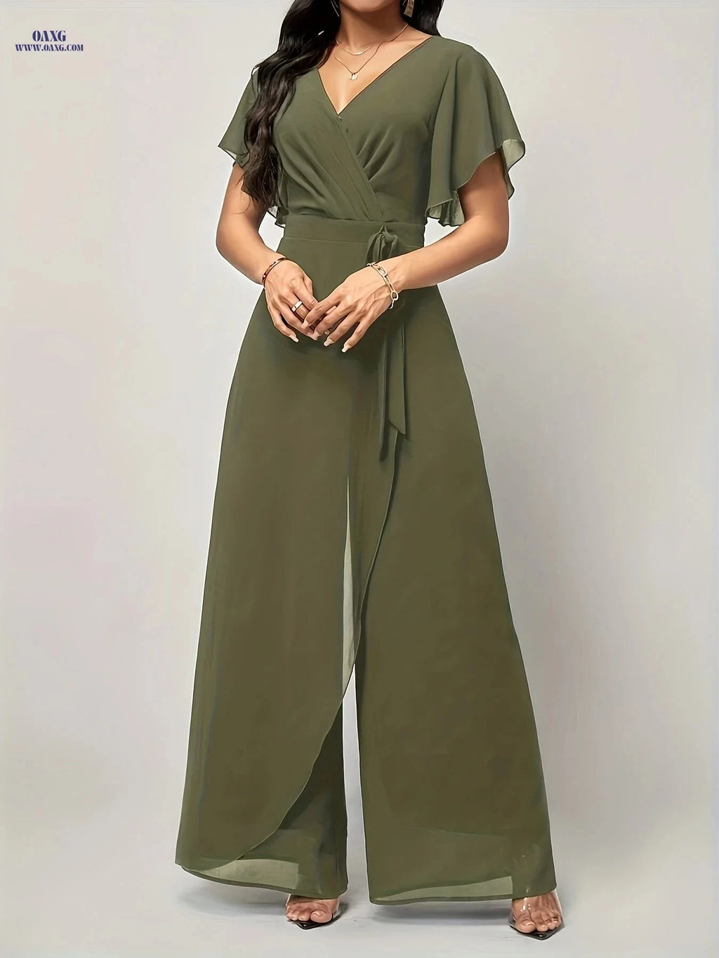 Elegant Butterfly Sleeve Tie-Front Jumpsuit - V-Neck Loose Fit   OAXG 