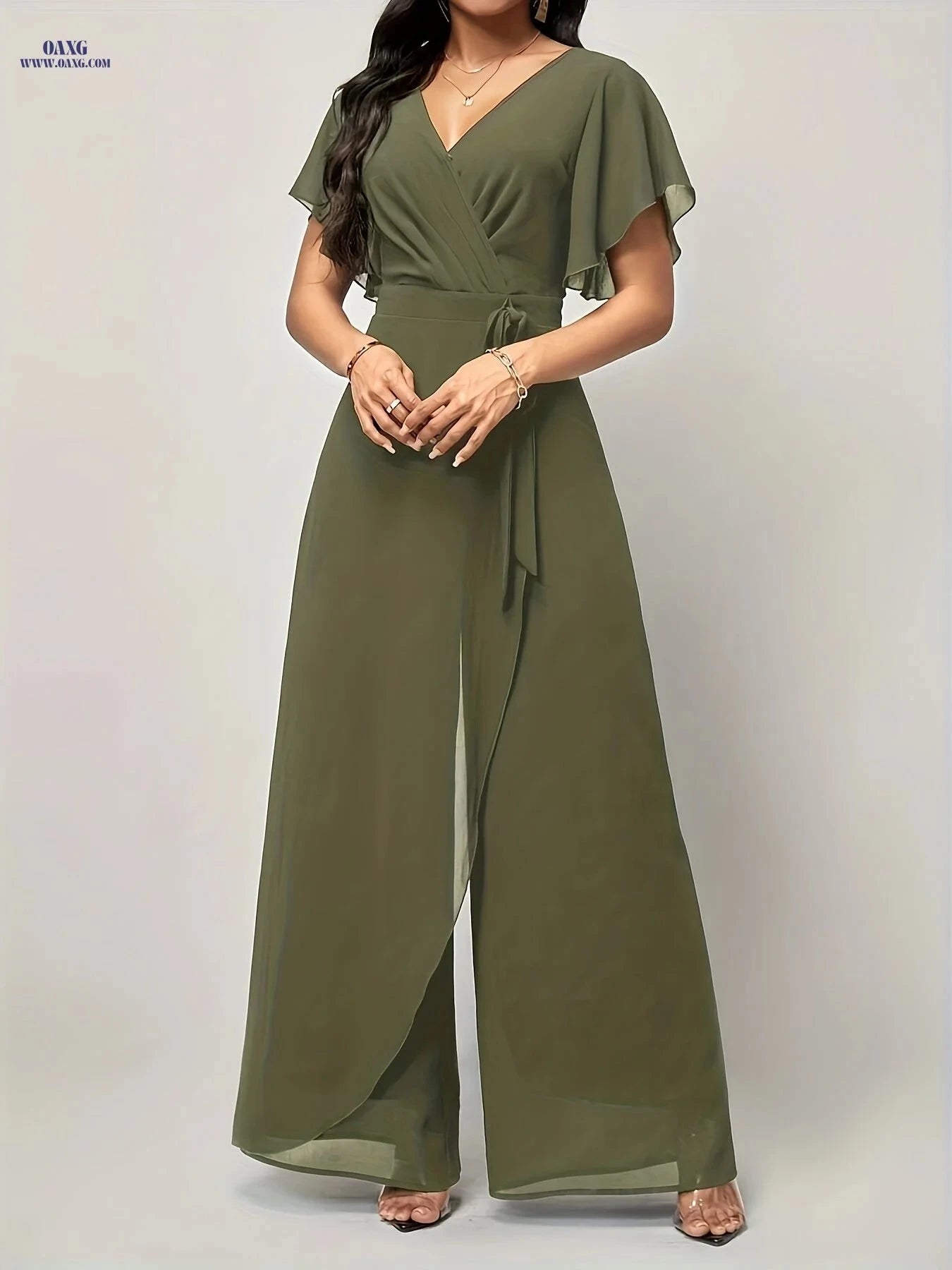 Elegant Butterfly Sleeve Tie-Front Jumpsuit - V-Neck Loose Fit   OAXG 