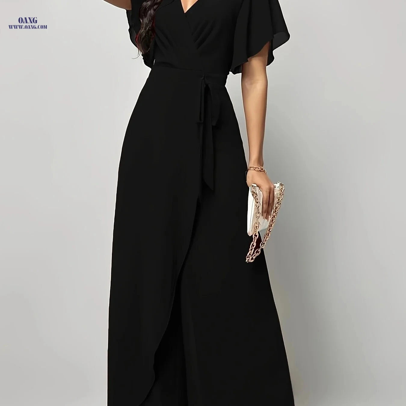 Elegant Butterfly Sleeve Tie-Front Jumpsuit - V-Neck Loose Fit   OAXG 