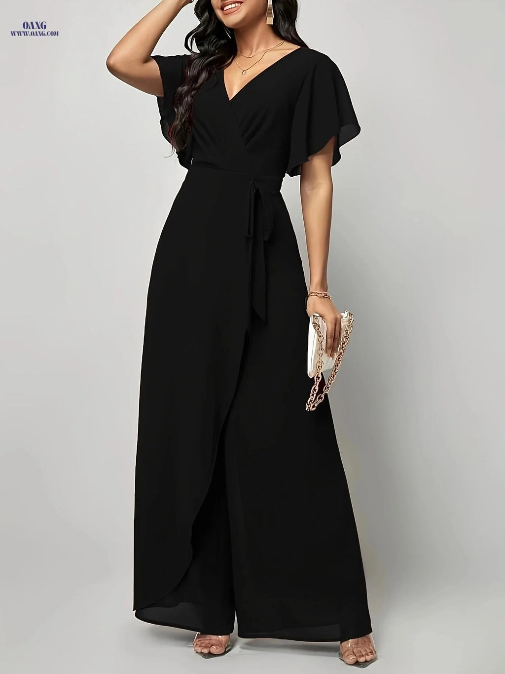 Elegant Butterfly Sleeve Tie-Front Jumpsuit - V-Neck Loose Fit   OAXG 