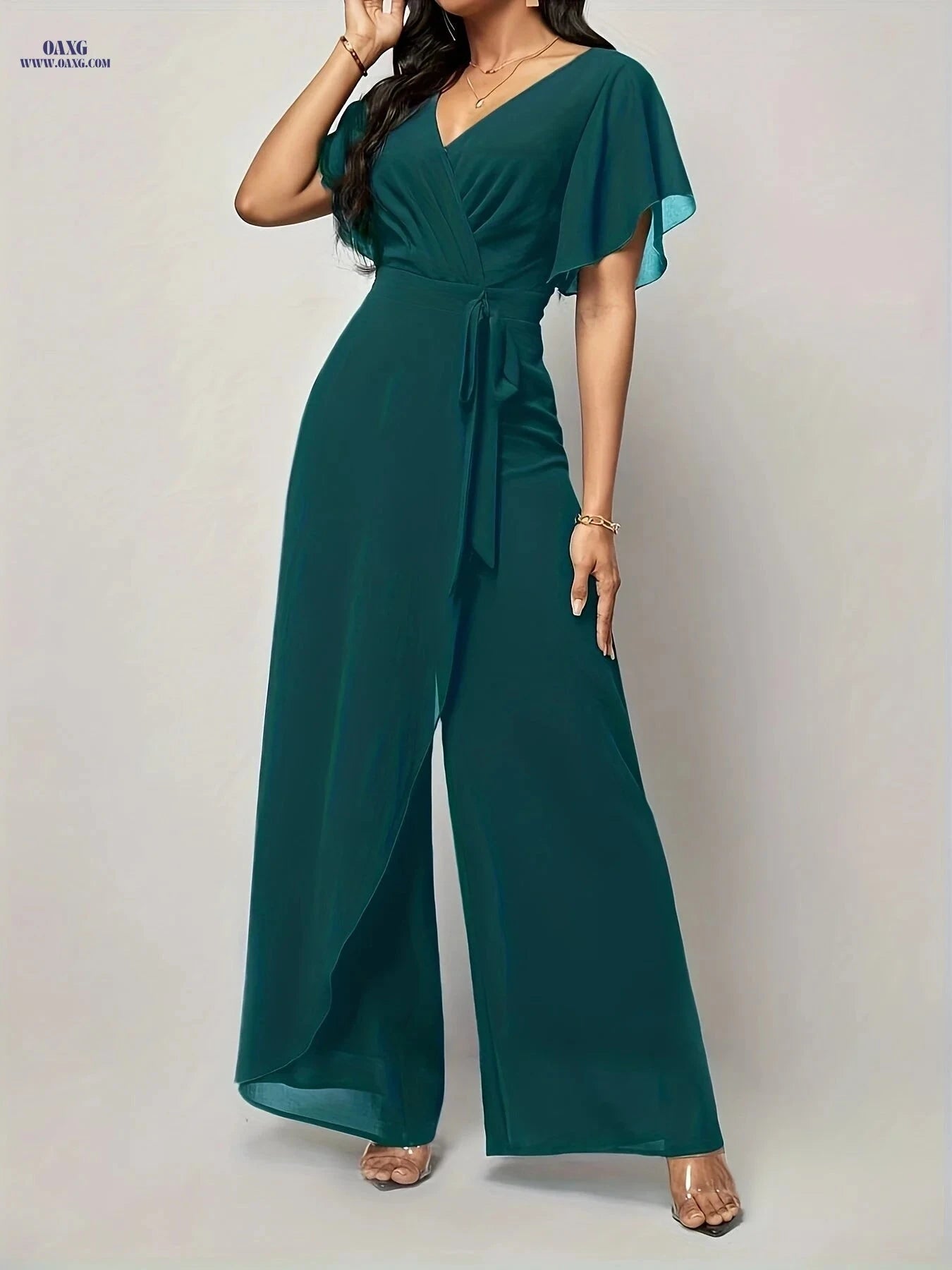 Elegant Butterfly Sleeve Tie-Front Jumpsuit - V-Neck Loose Fit   OAXG 