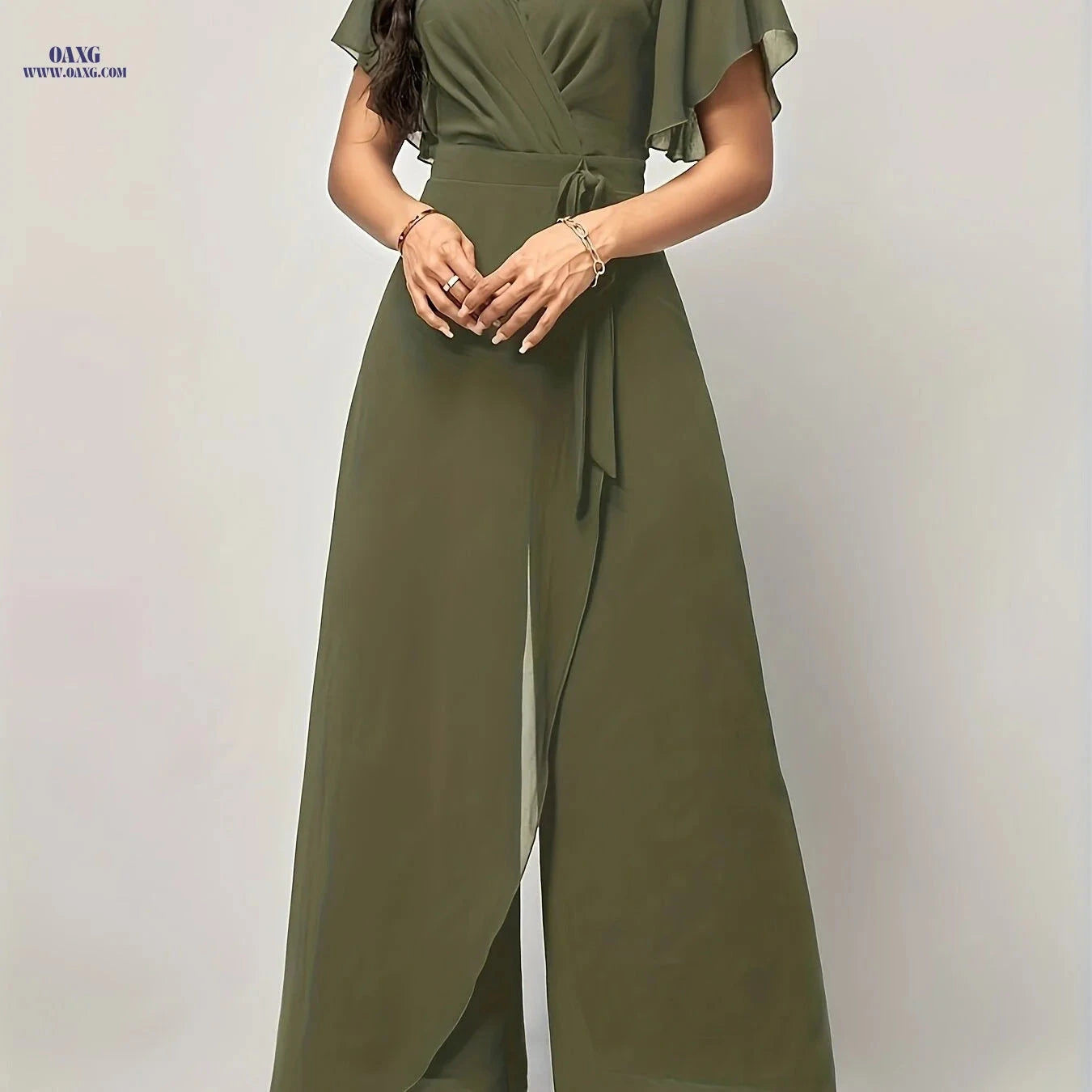 Elegant Butterfly Sleeve Tie-Front Jumpsuit - V-Neck Loose Fit   OAXG Purple / L
