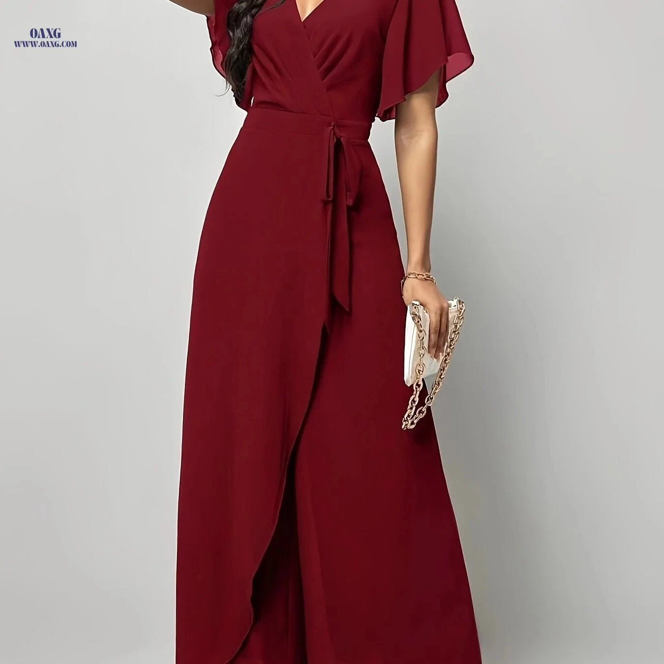 Elegant Butterfly Sleeve Tie-Front Jumpsuit - V-Neck Loose Fit   OAXG Purple / L