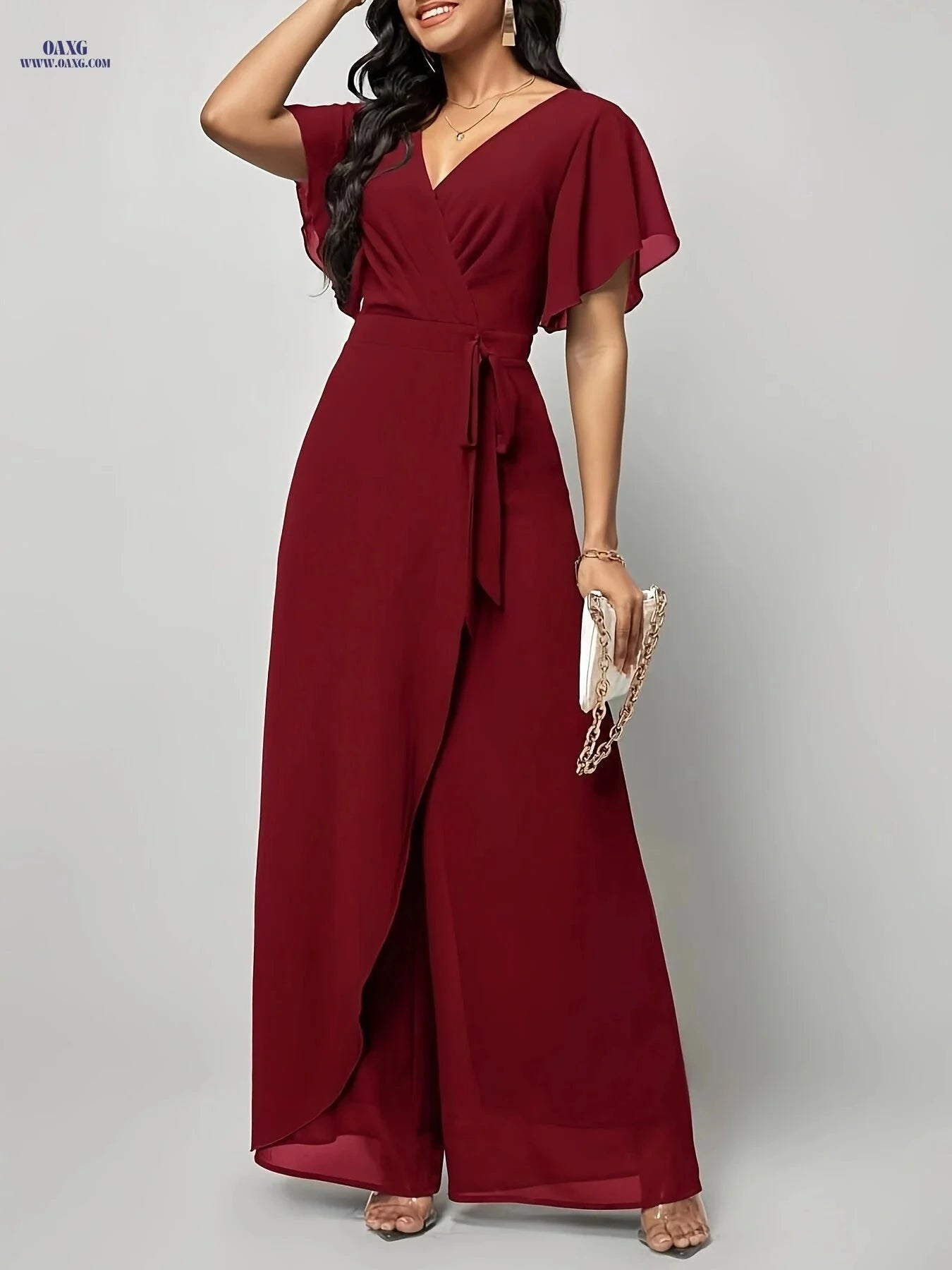 Elegant Butterfly Sleeve Tie-Front Jumpsuit - V-Neck Loose Fit   OAXG Purple / L