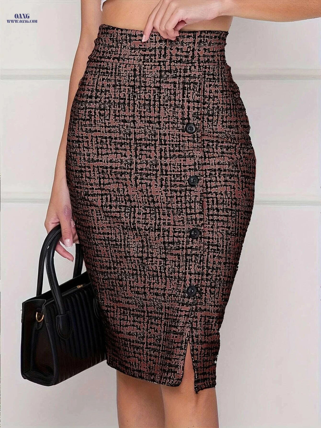 Elegant Buttoned Slit Pencil Skirt - Perfect for Spring & Fall Seasons   OAXG Black And White / S