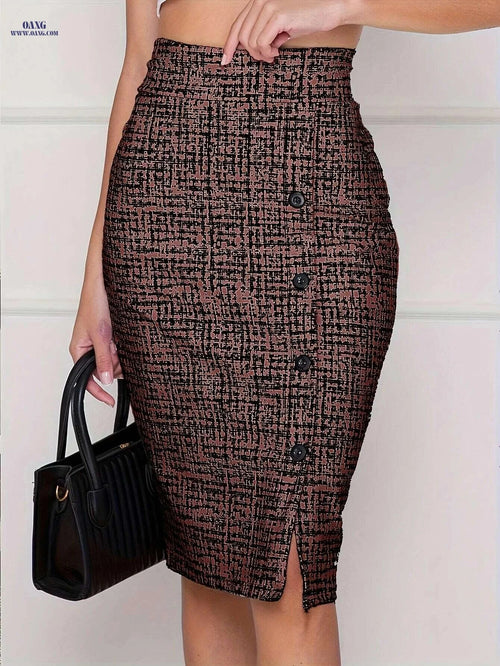 Elegant Buttoned Slit Pencil Skirt - Perfect for Spring & Fall Seasons   OAXG Black And White / S