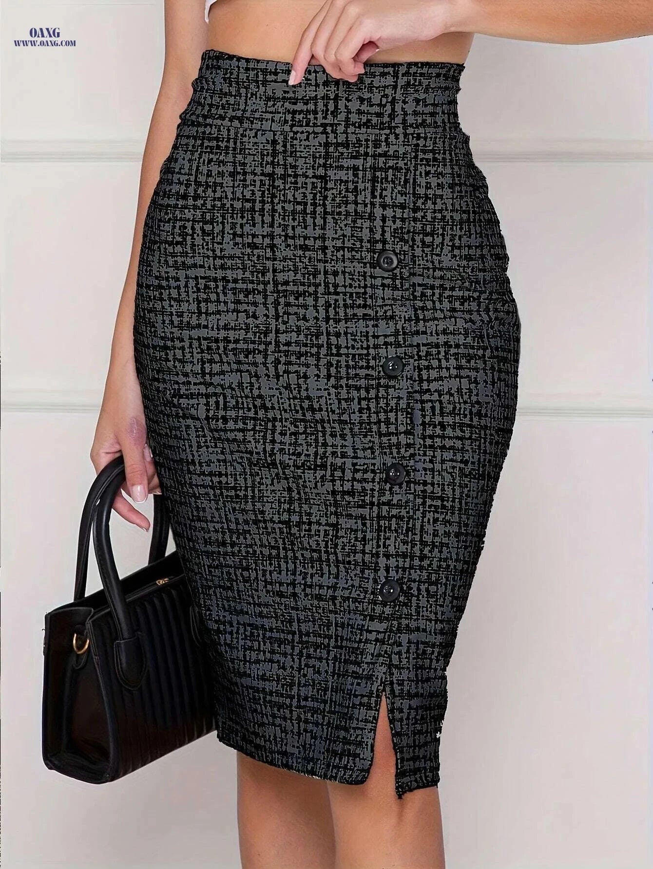 Elegant Buttoned Slit Pencil Skirt - Perfect for Spring & Fall Seasons   OAXG Black And White / S