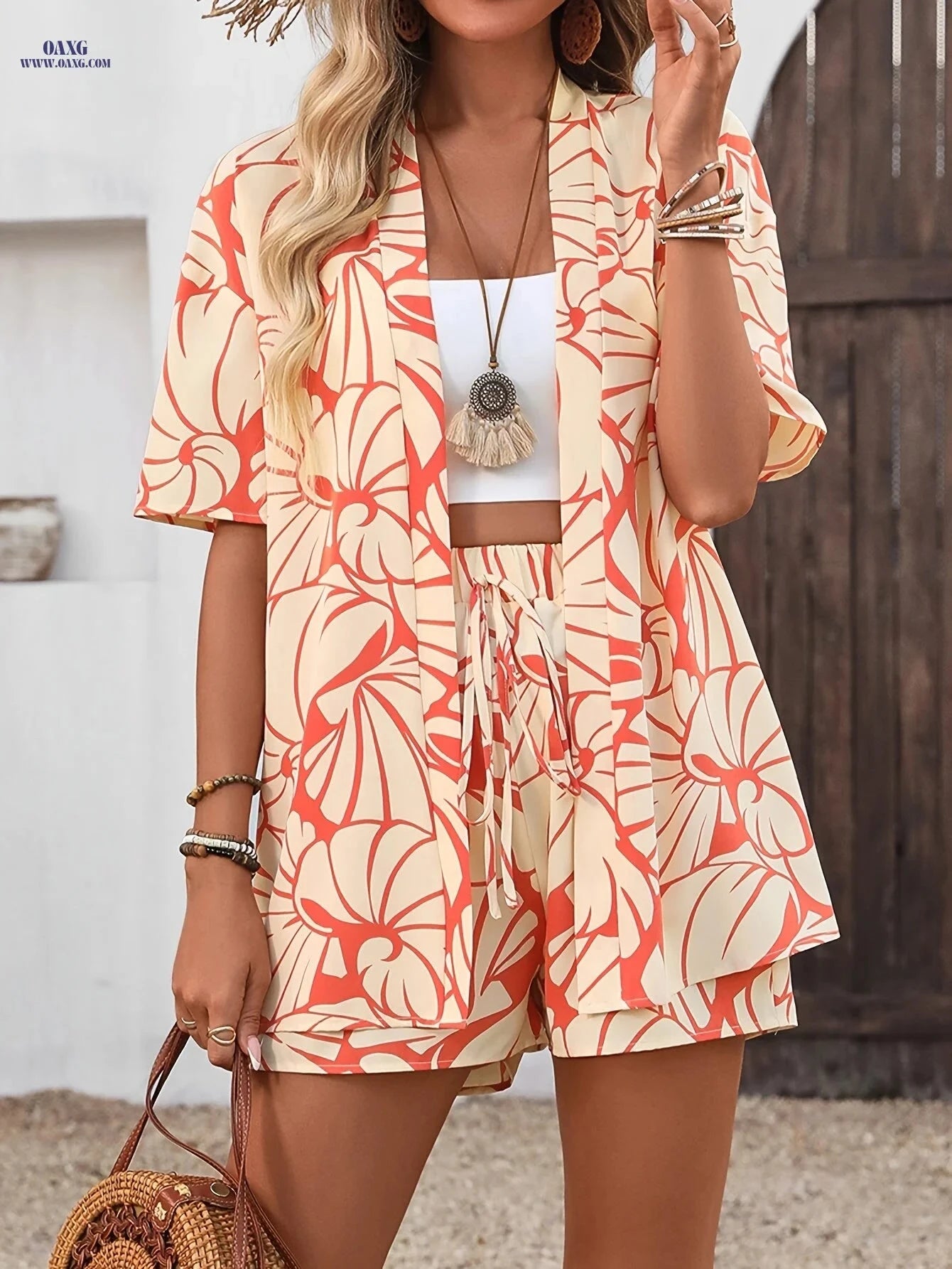 Elegant Casual Set - Random Print Cardigan Top and Shorts for Summer   OAXG Orange-Red / S