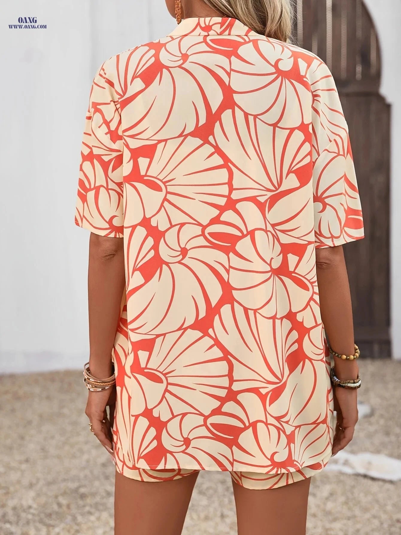 Elegant Casual Set - Random Print Cardigan Top and Shorts for Summer   OAXG Orange-Red / S