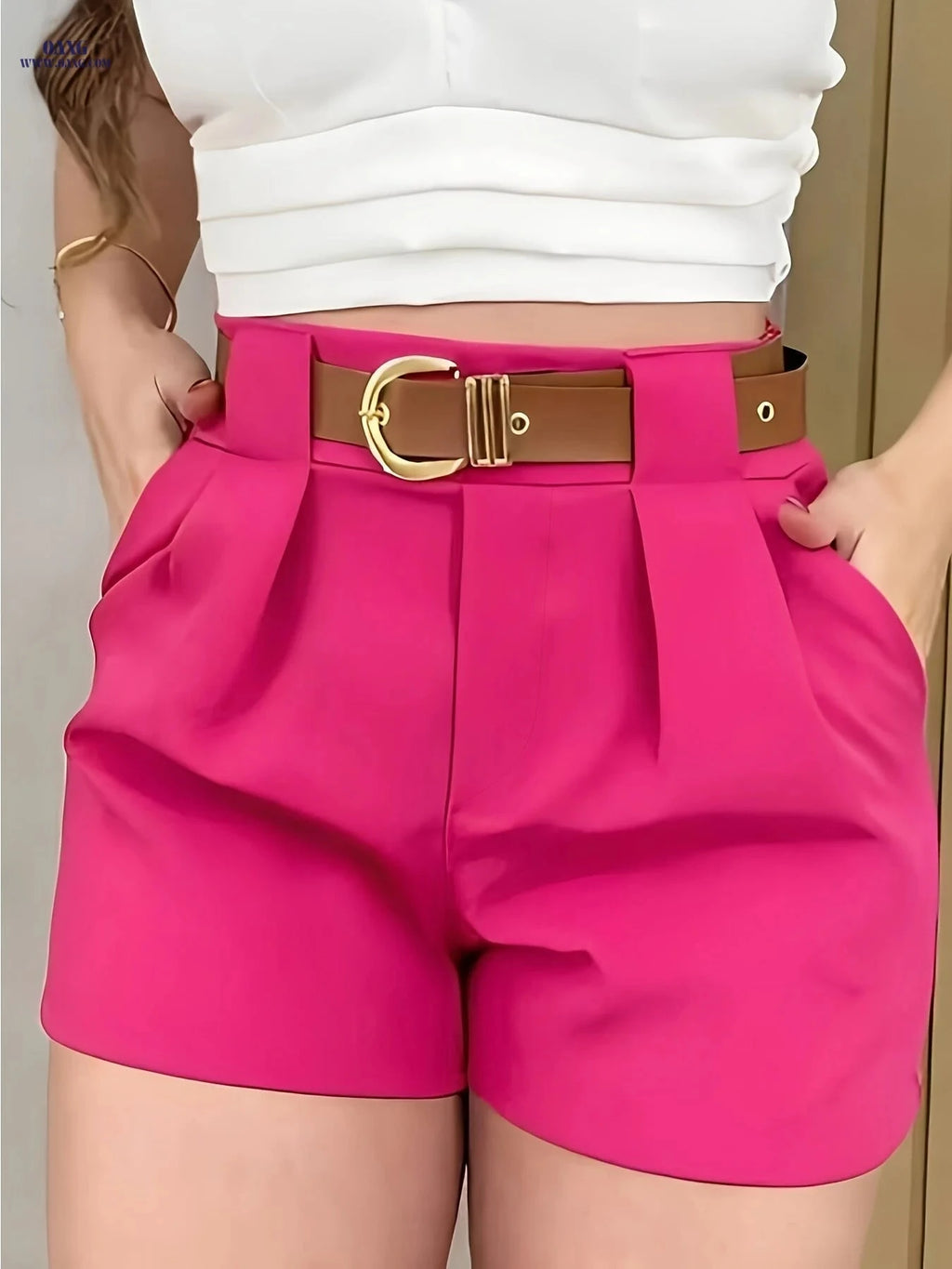 Elegant Casual Shorts Without Belt - 100% Polyester, Pocket Design   OAXG 