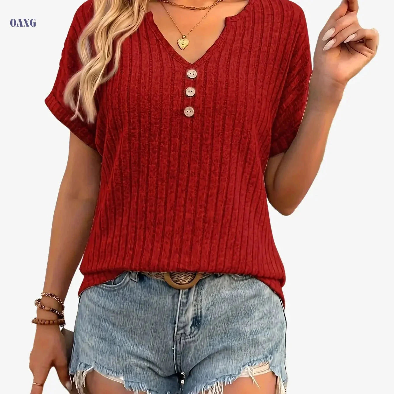 Elegant Casual T-shirt with Buttoned Collar - Summer Style   OAXG Grey / S