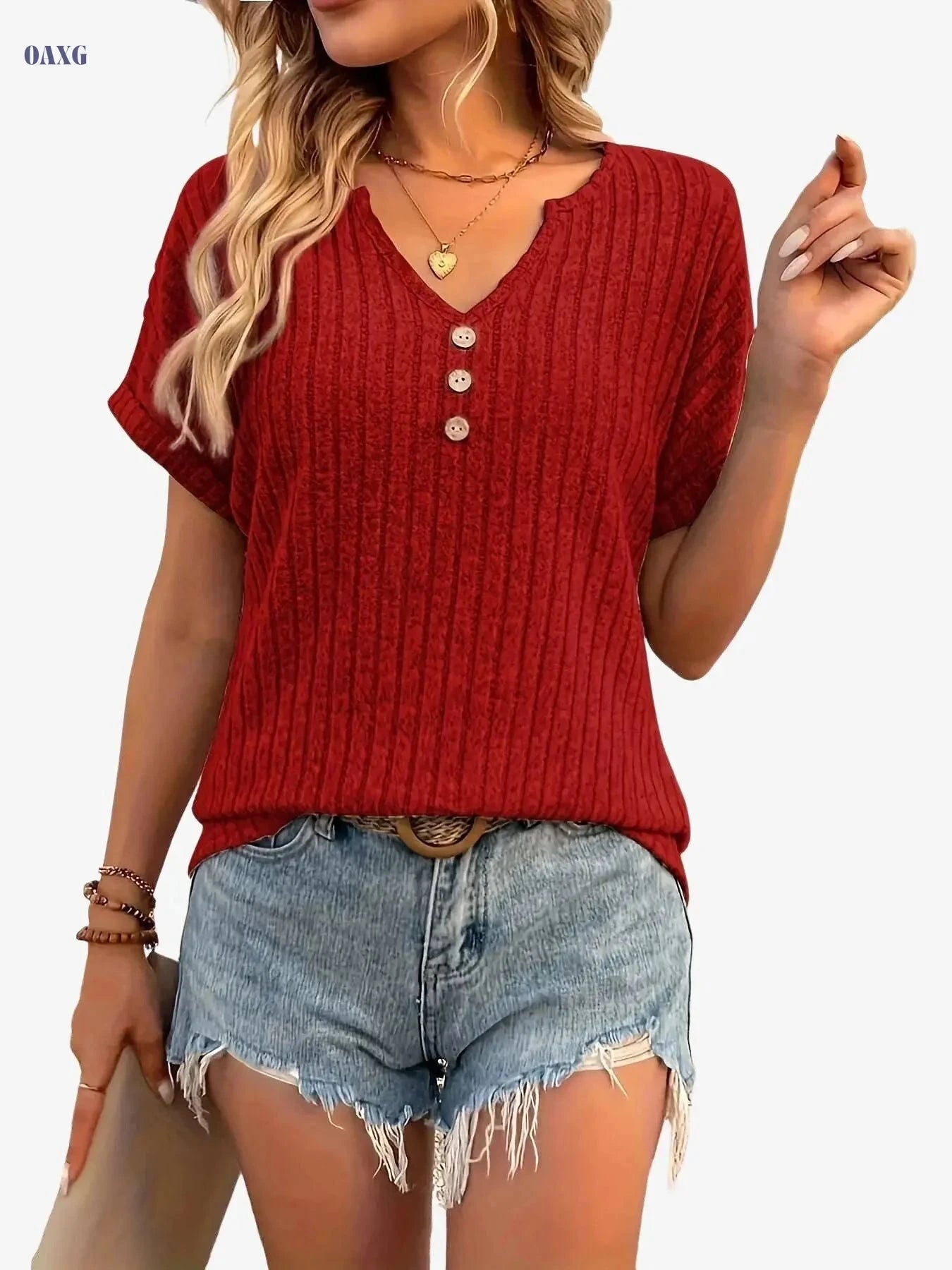 Elegant Casual T-shirt with Buttoned Collar - Summer Style   OAXG Grey / S