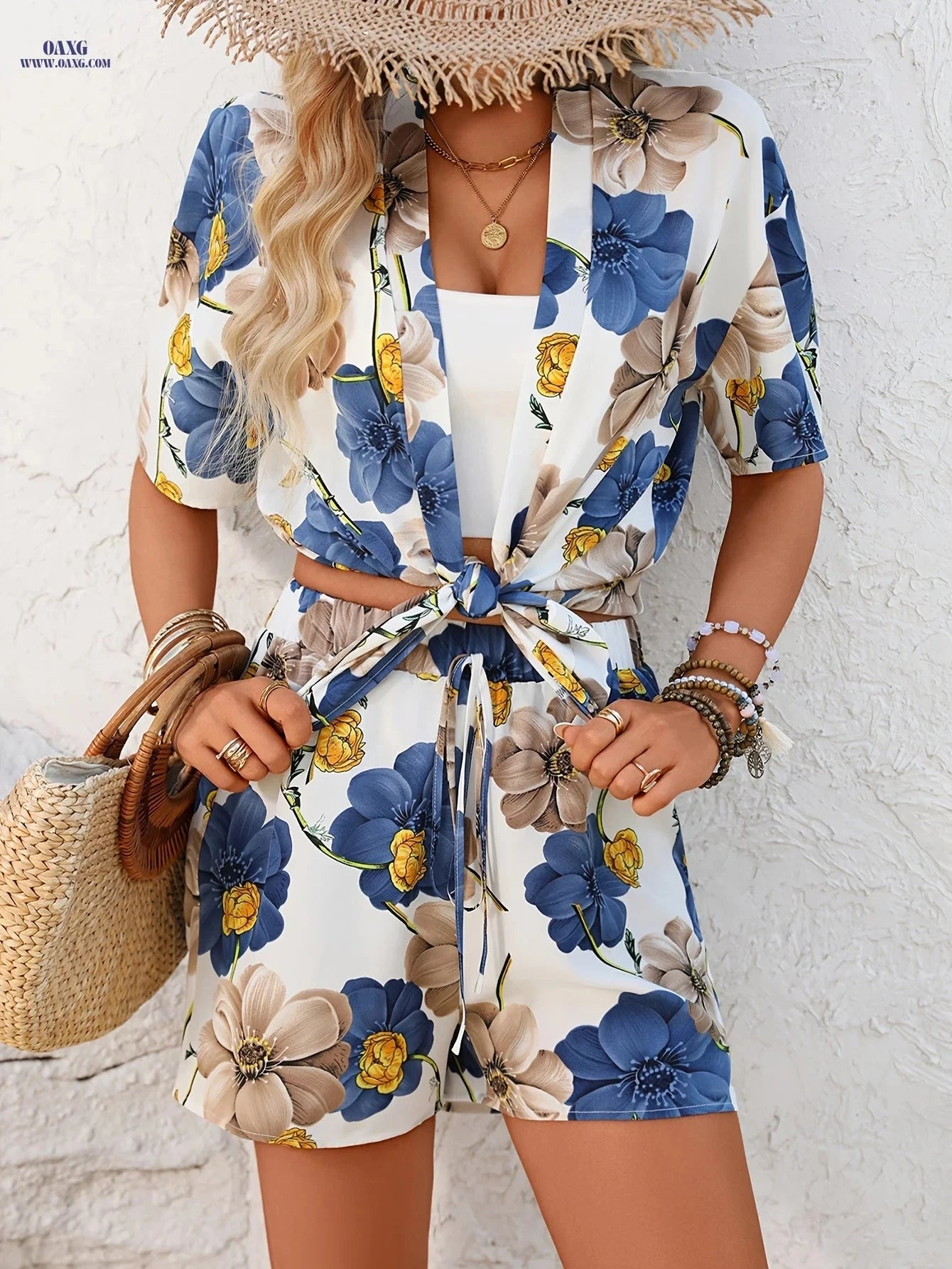 Elegant Casual Women's Printed Cardigan Top & Shorts Set   OAXG 