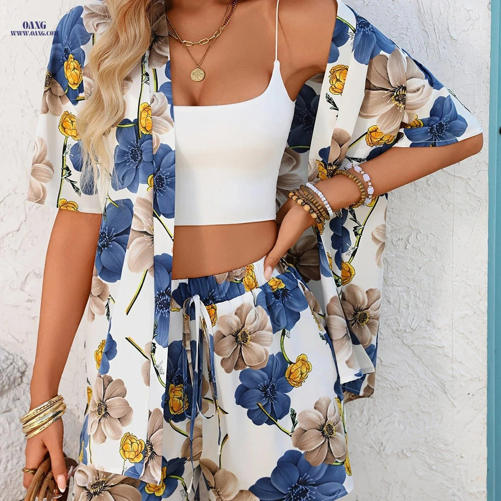 Elegant Casual Women's Printed Cardigan Top & Shorts Set   OAXG 