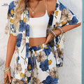 Elegant Casual Women's Printed Cardigan Top & Shorts Set   OAXG 