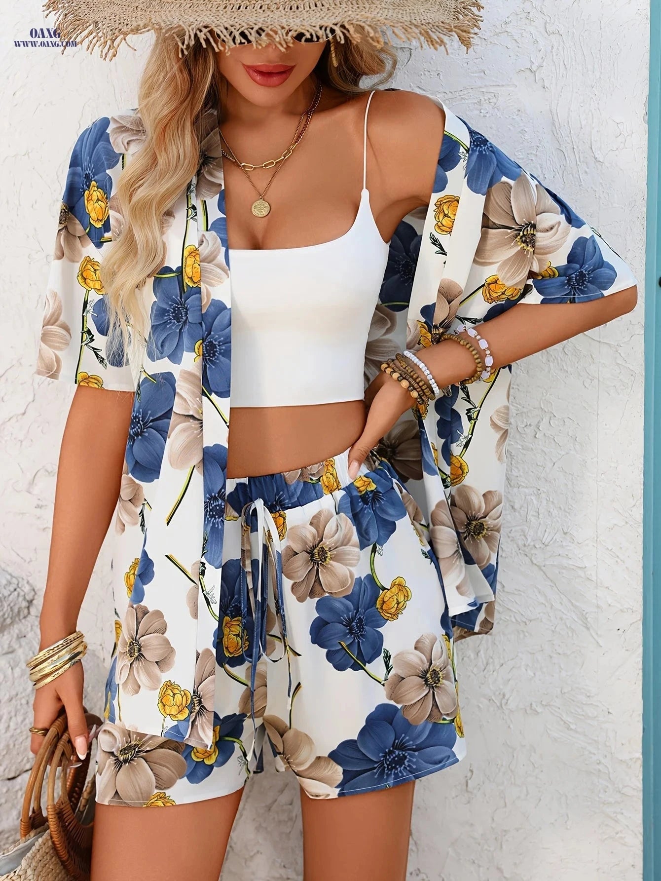 Elegant Casual Women's Printed Cardigan Top & Shorts Set   OAXG 