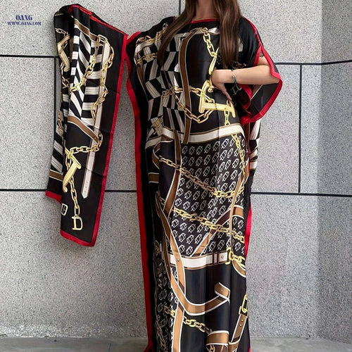 Elegant Chain Print Boat Neck Maxi Dress with Batwing Sleeves   OAXG 