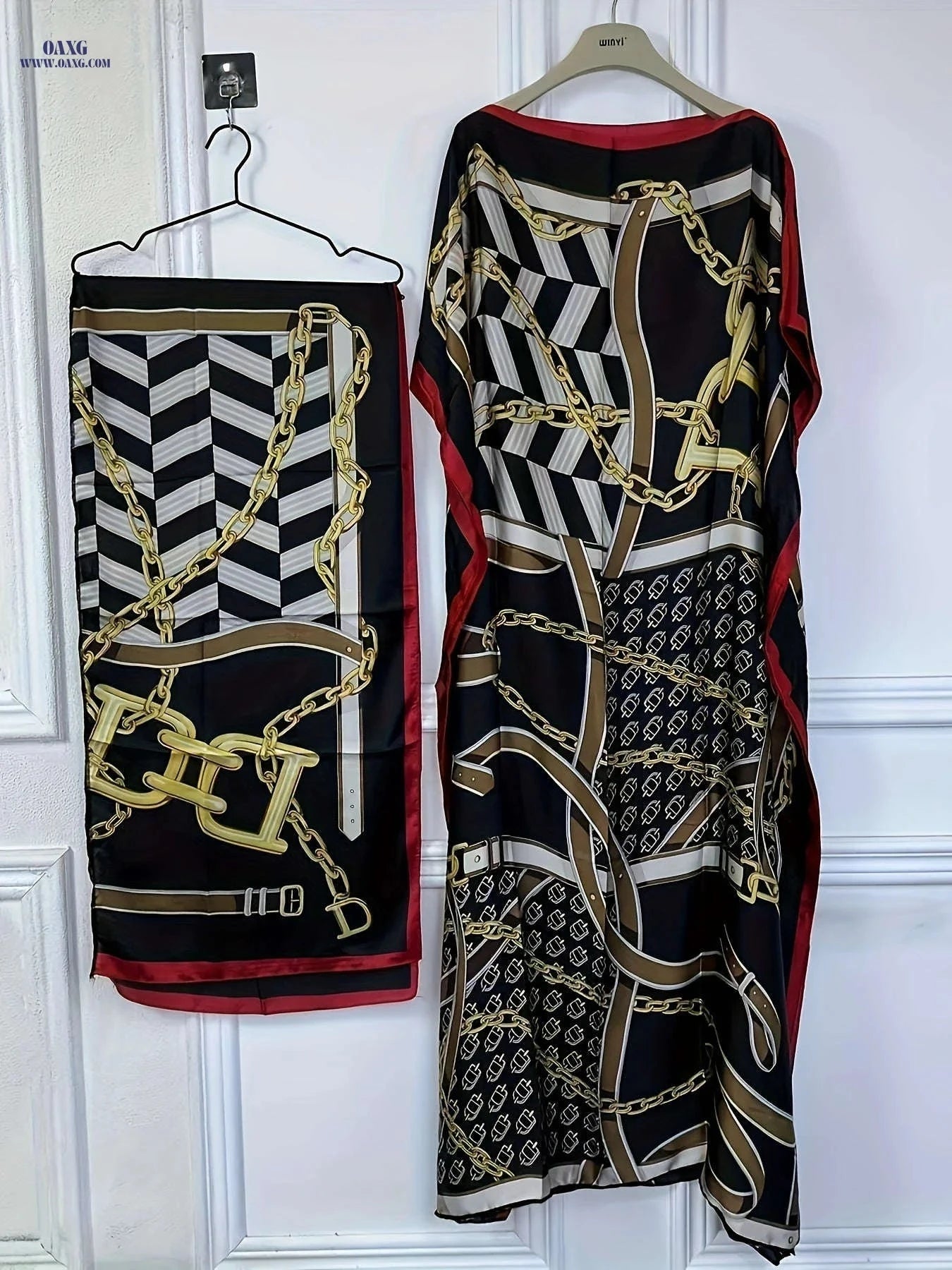 Elegant Chain Print Boat Neck Maxi Dress with Batwing Sleeves   OAXG 