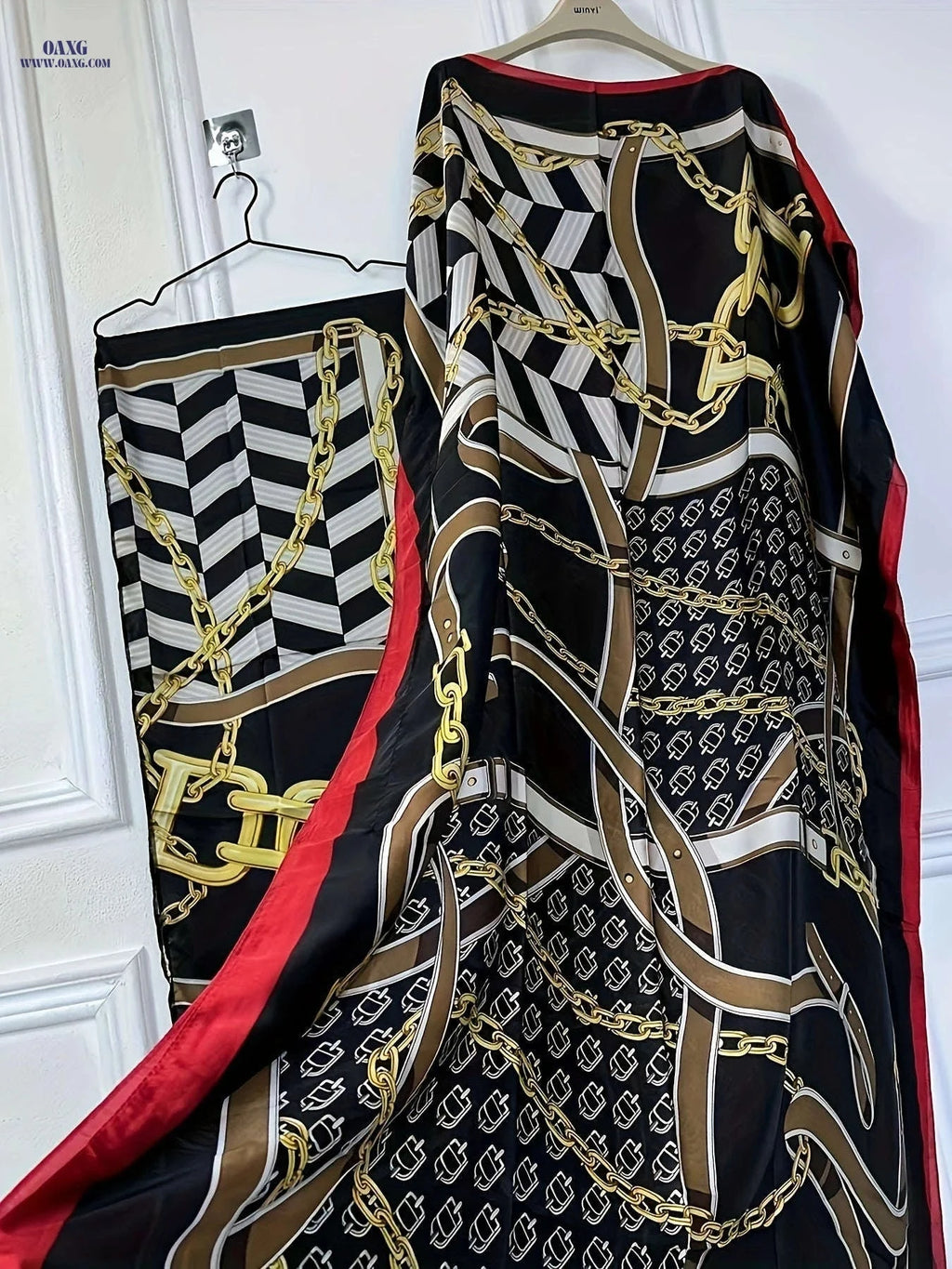 Elegant Chain Print Boat Neck Maxi Dress with Batwing Sleeves   OAXG 