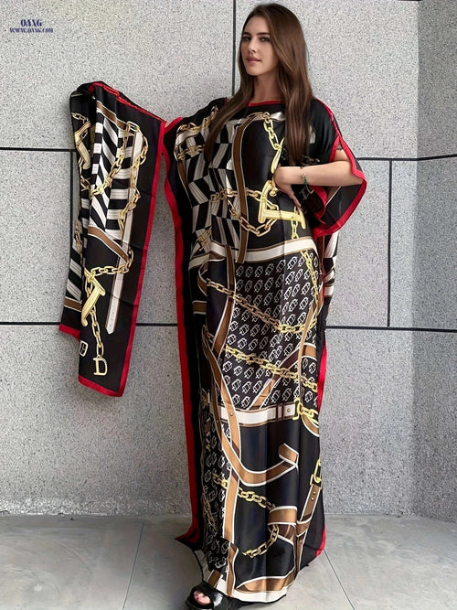 Elegant Chain Print Boat Neck Maxi Dress with Batwing Sleeves   OAXG Black / One-size