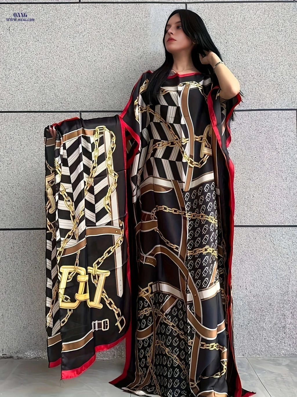 Elegant Chain Print Boat Neck Maxi Dress with Batwing Sleeves   OAXG Black / One-size
