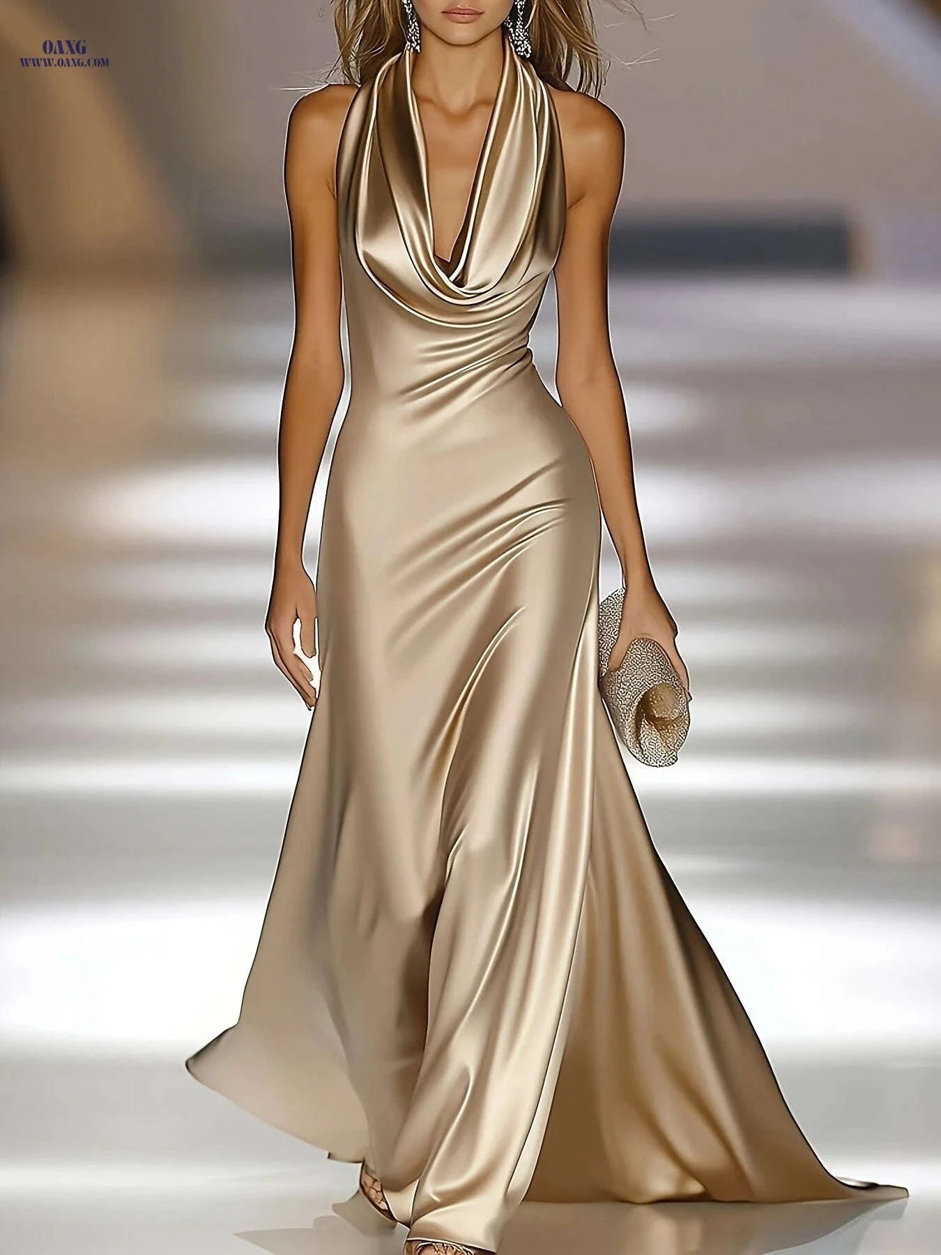 Elegant Champagne Golden Satin Dress - Backless Halter Neck Style   OAXG 