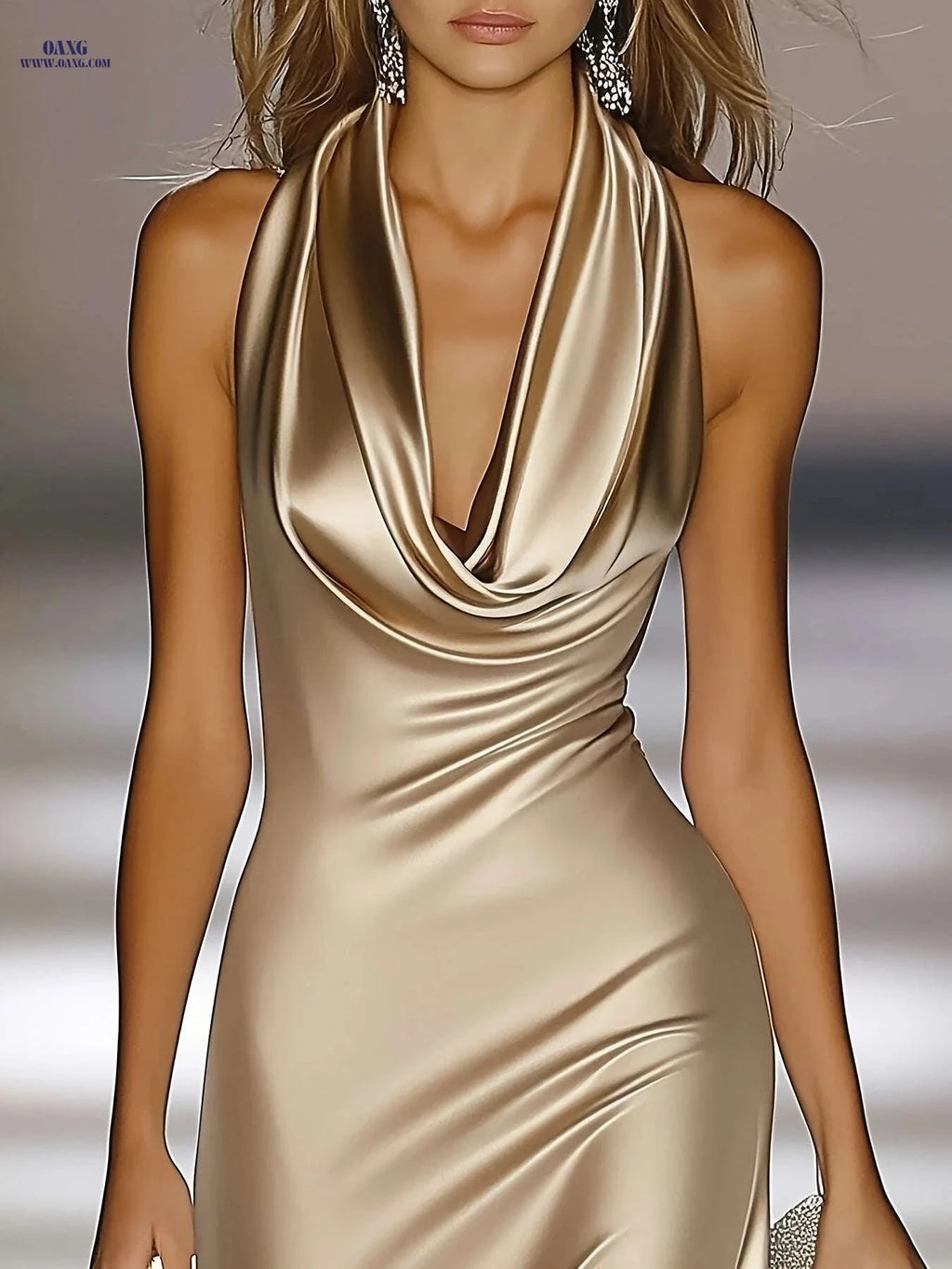Elegant Champagne Golden Satin Dress - Backless Halter Neck Style   OAXG 