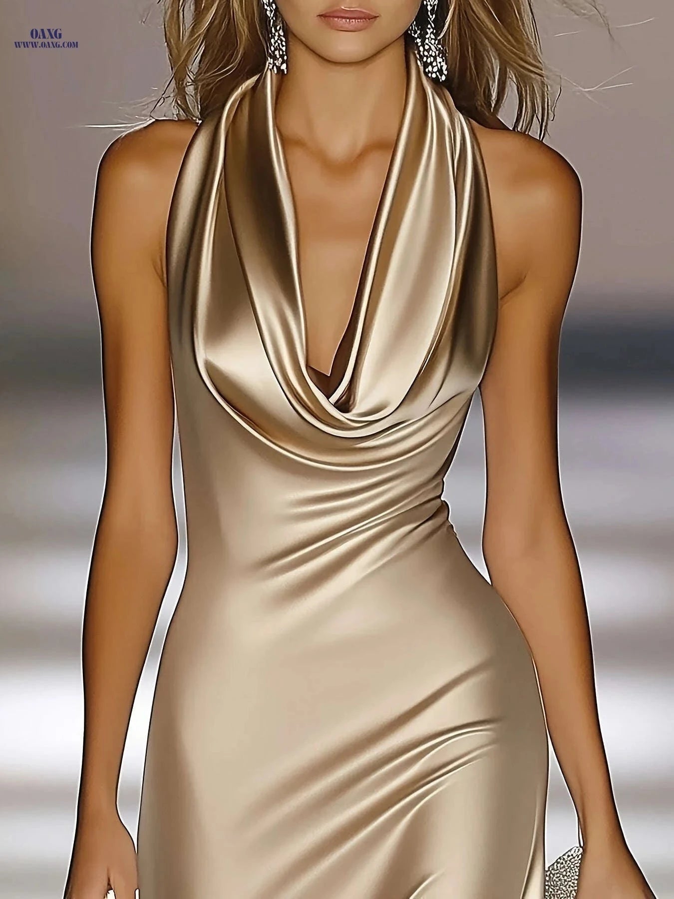 Elegant Champagne Golden Satin Dress - Backless Halter Neck Style   OAXG 