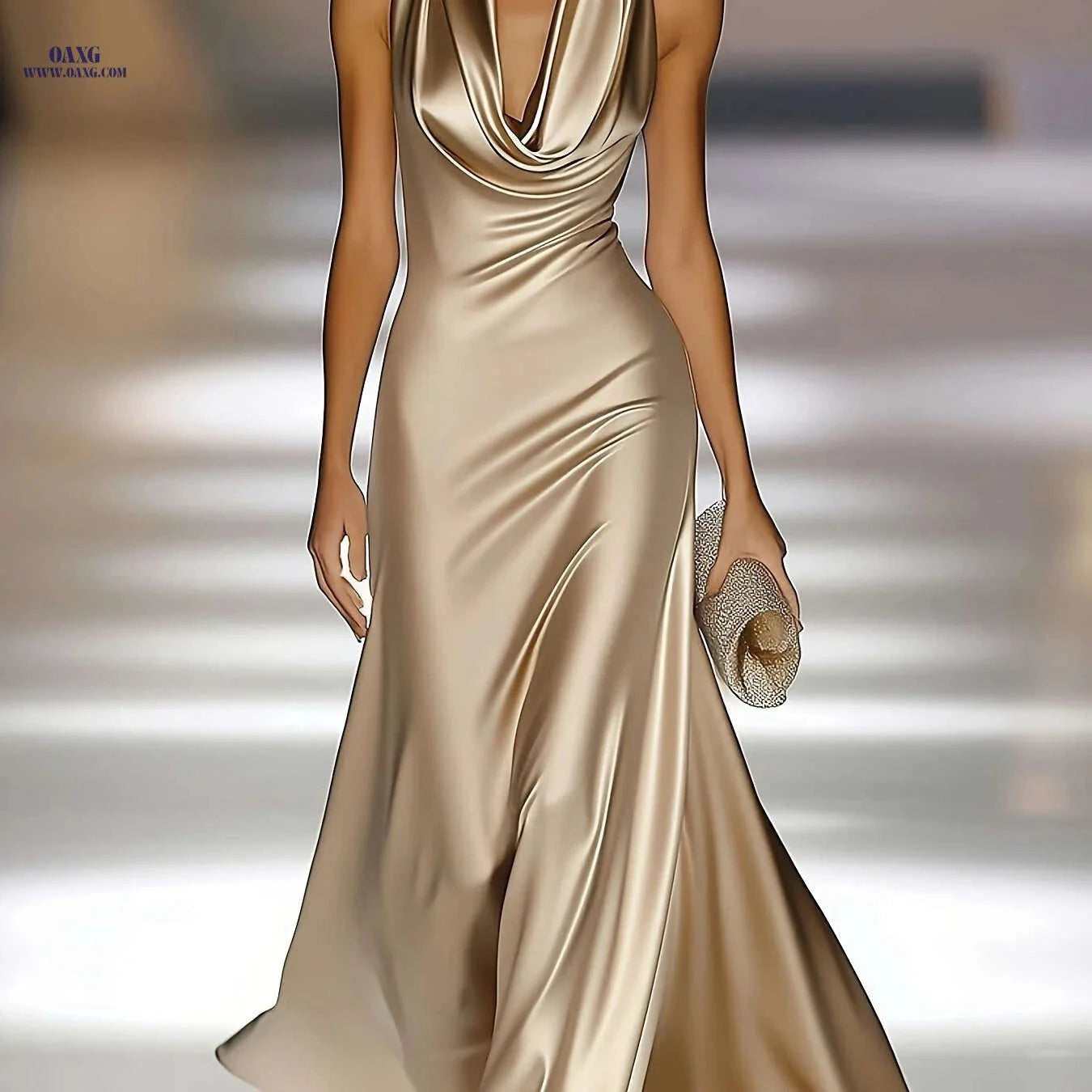 Elegant Champagne Golden Satin Dress - Backless Halter Neck Style   OAXG Champagne Golden / S