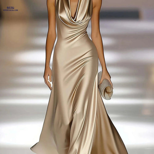Elegant Champagne Golden Satin Dress - Backless Halter Neck Style   OAXG Champagne Golden / S