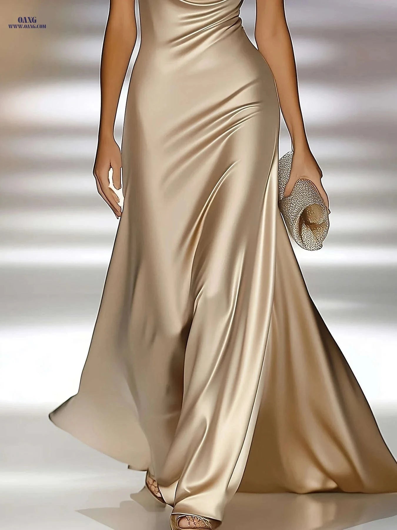 Elegant Champagne Golden Satin Dress - Backless Halter Neck Style   OAXG Champagne Golden / S
