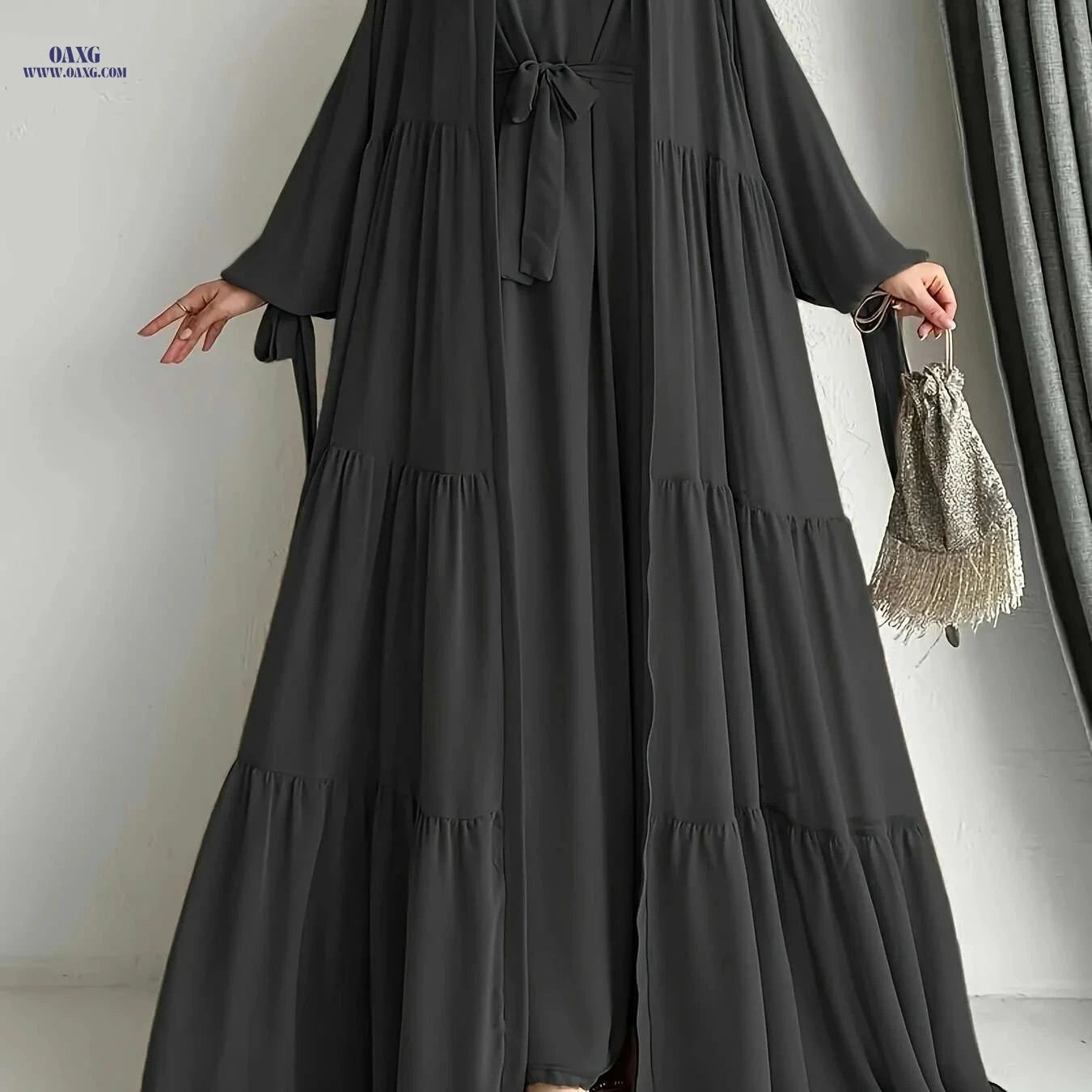 Elegant Chiffon Abaya with Lantern Sleeves - Ruffle Detail & Belt   OAXG 